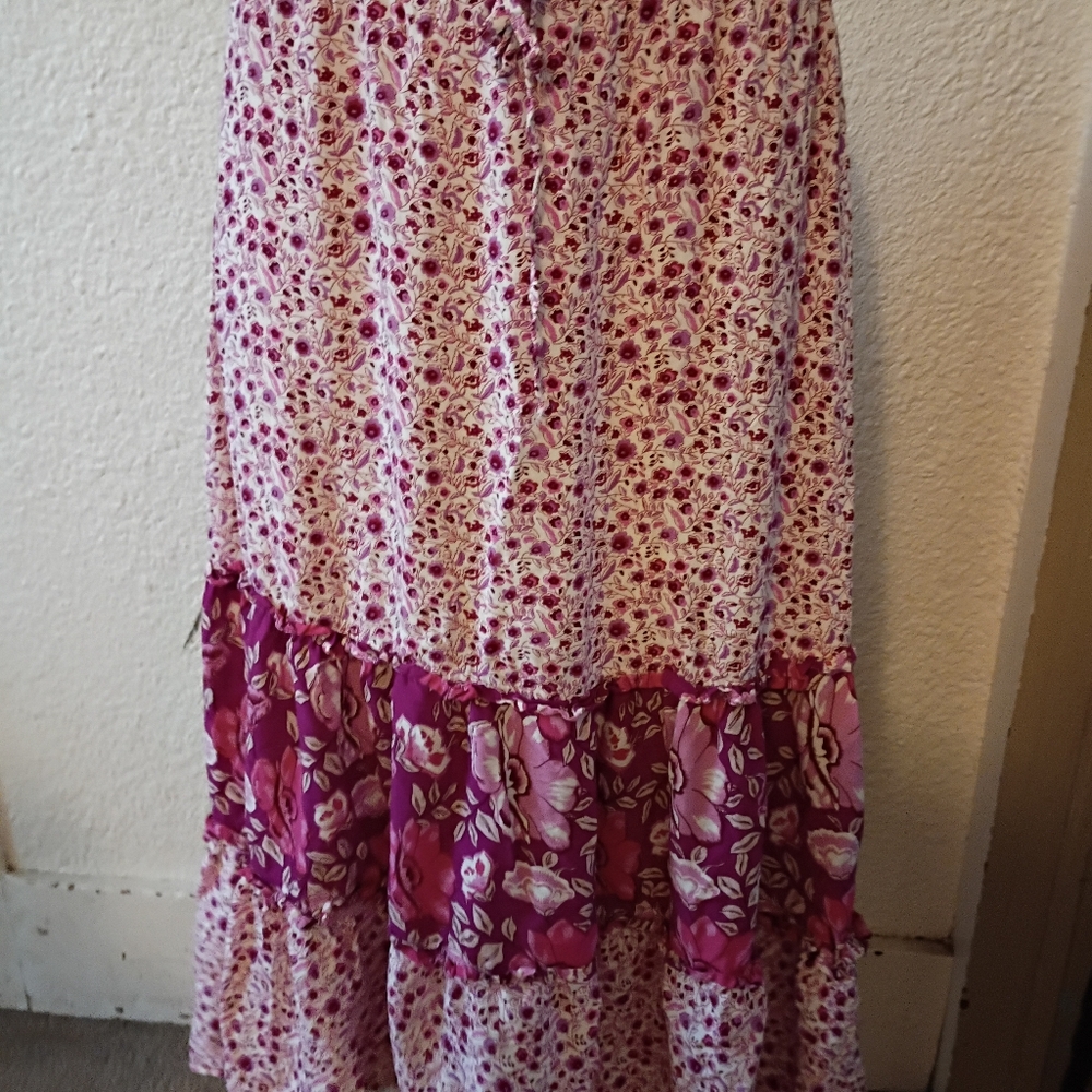 Free People Floral Pink Long Maxi Skirt S 4 6 Tiered Ruffle Boho - Picture 5 of 9